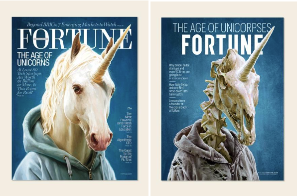 A photo of a unicorn in a hoodie, with a photo of the same unicorn as a skeleton next to it