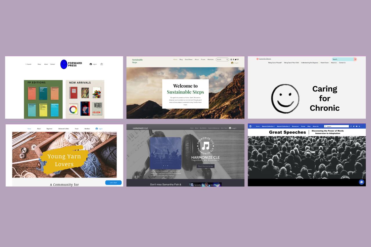 On a purple background, six screenshots of websites are organized in two rows of three showing Forward Press, Young Yarn Lovers, Sustainable Steps, Harmonize CLE, Caring for Chronic, and Great Speeches