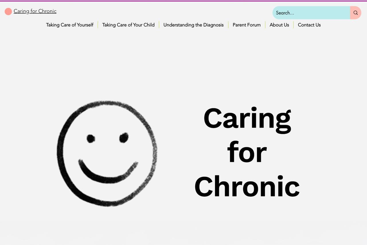 A screen grab shows the Caring for Chronic website, which has a white background and black text with a black smiley face
