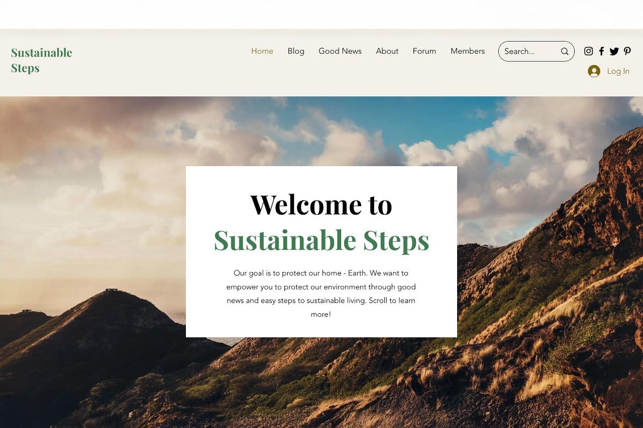 A screen grab shows the Sustainable Steps website, which has a photo of a mountainous landscape with a white text box