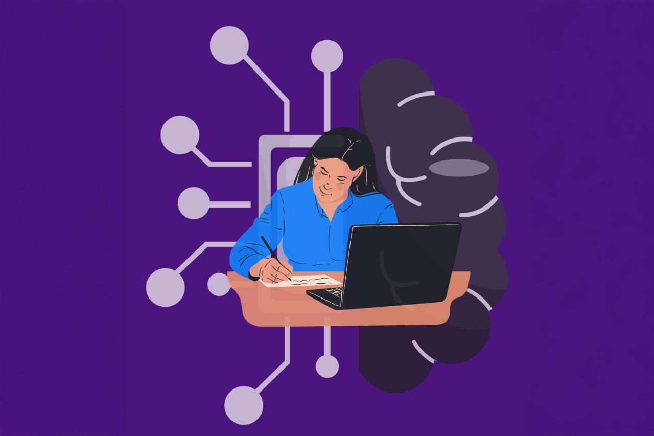 Digital illustration depicts a woman working at a desk in front of a purple background with half of a brain and a circuit