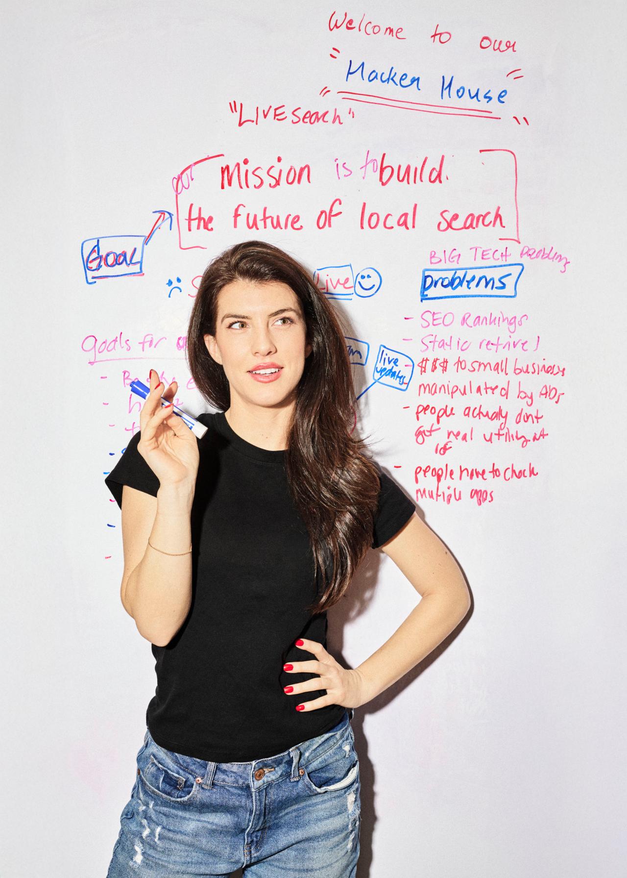 Emily brainstorming ideas on a whiteboard