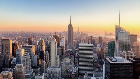 NYC skyline at sunrise.