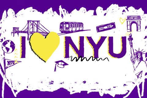 A graphic rendeiring of the famous "I Love New York" expression in purple and yellow, with illustrations of ionic NYC symbols such as the Brooklyn Bridge, a subway car, and more scattered around the text.