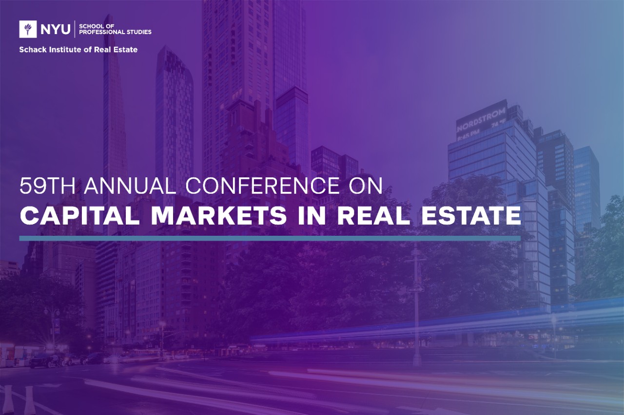 A purple slide with the words "59th annual conference on Capital Markets in Real Estate" superimposed over a slightly transparent image of skyscrapers under construction.