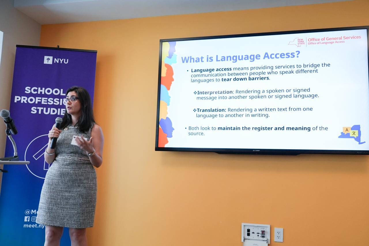 Woman in gray dress holding a microphone in front of TV with a powerpoint on the screen that reads &quot;What is language access?&quot; 