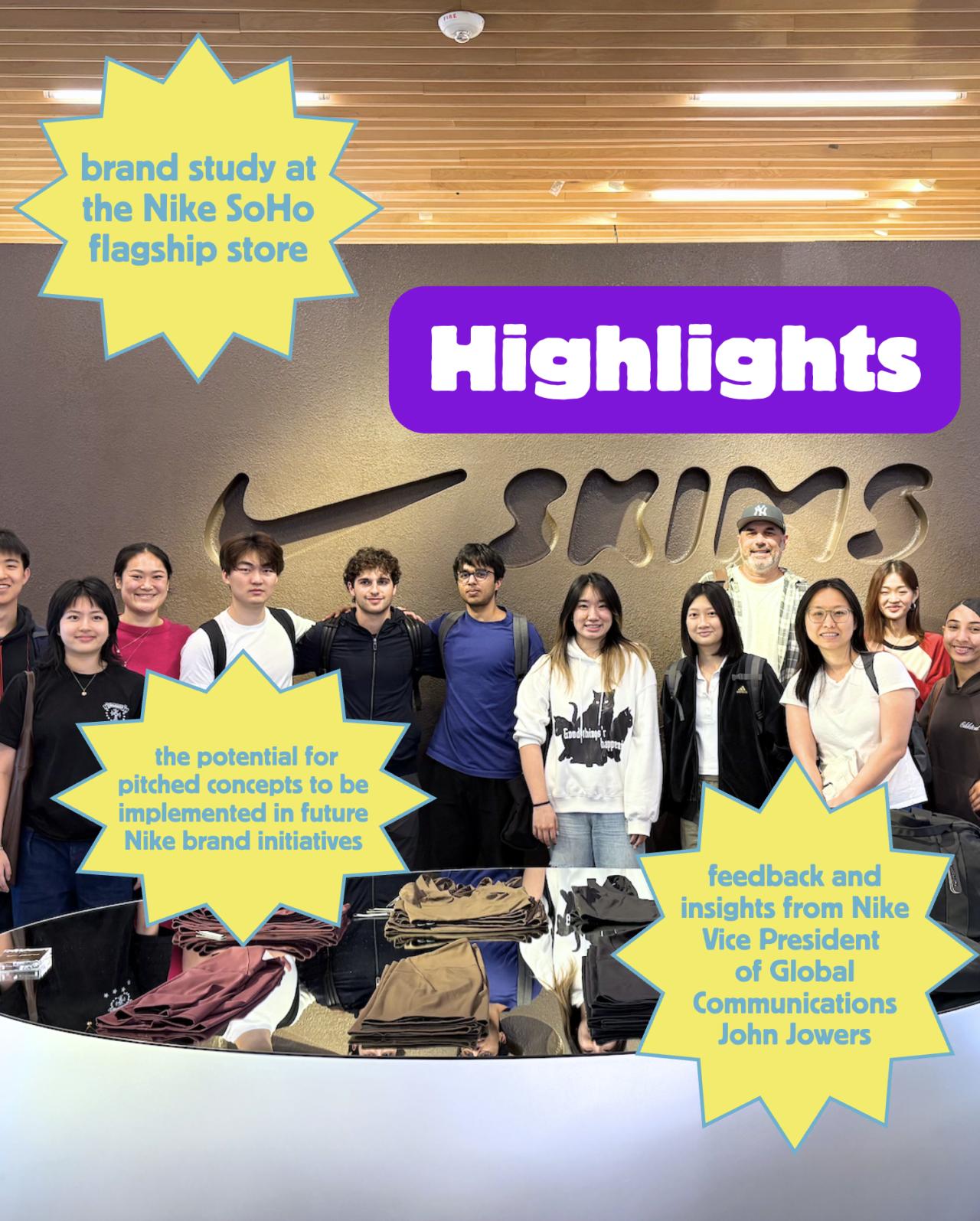 Real World Nike students stand in front of a Nike logo.