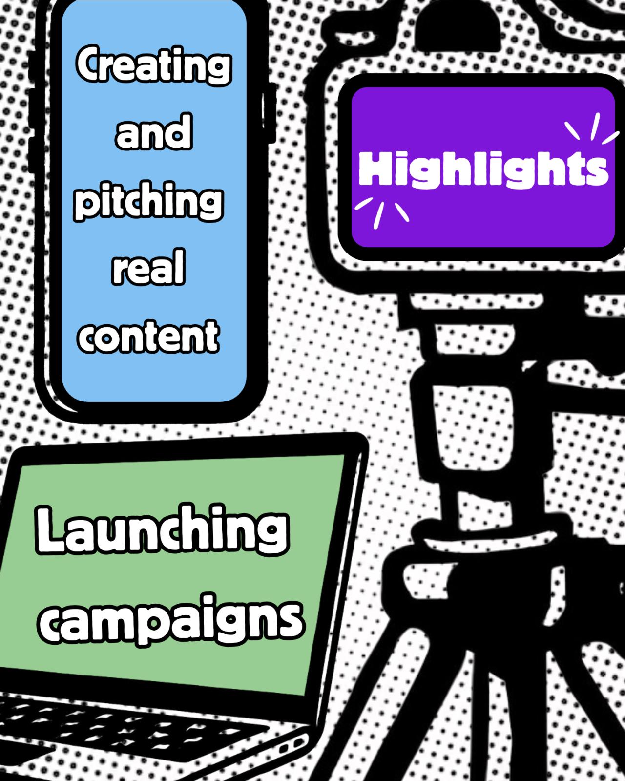 Cartoon depictions of a laptop, a smartphone, and a camera on a tripod.