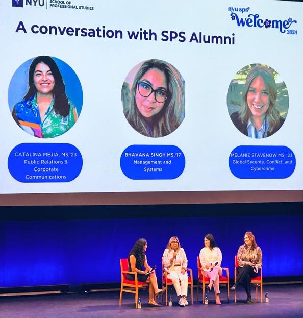 Alumni panelists present to NYU SPS students.