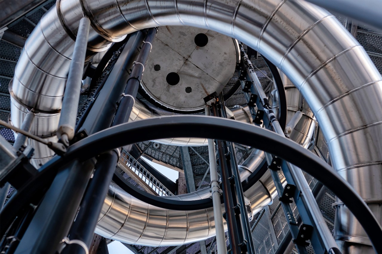 Interior of wooden-steel structure of Pyramidenkogel observation tower.