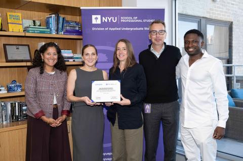 From left to right: NYU SPS Dean Angie Kamath;  Kaari Casey, Vice President of Academic Operations, Campus;  Mary Killilea, Vice Dean of Academic Affairs and Innovation, NYU SPS; Doug Harrison, Associate Dean, NYU DAUS; and Tade Oyerinde, Chancellor and Founder, Campus.