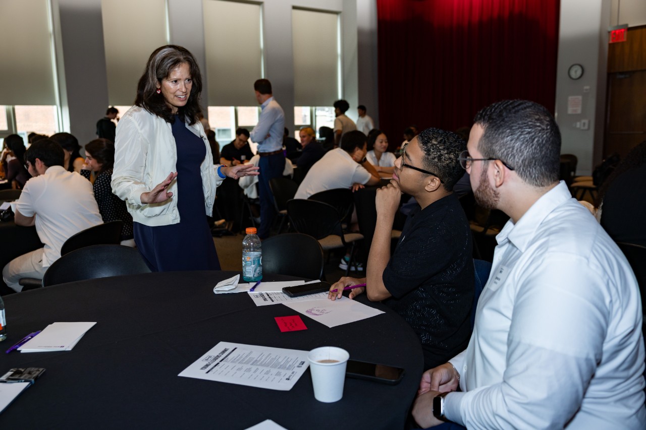 Lindsay Sarah Krasnoff of the NYU SPS Tisch Institute leads an interactive workshop at the NYU SPS X NYC FC Youth Innovation and Sport Day. 