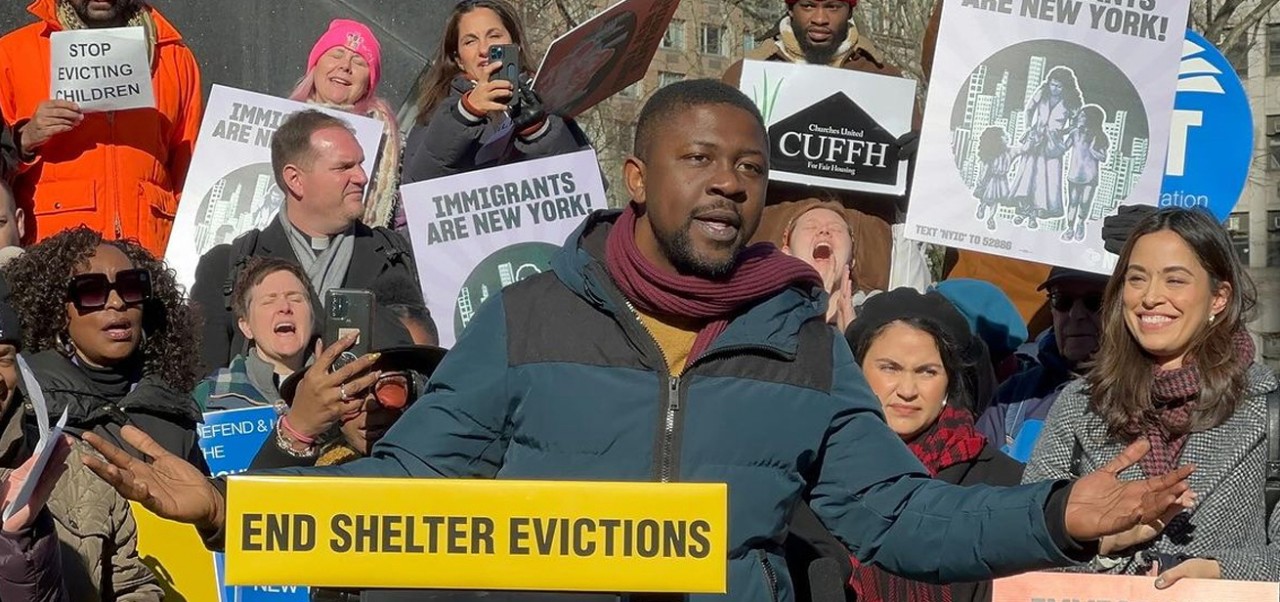 Edafe Okporo, NYU SPS Division of Programs in Business alumnus, leads a protest to end shelter evictions.