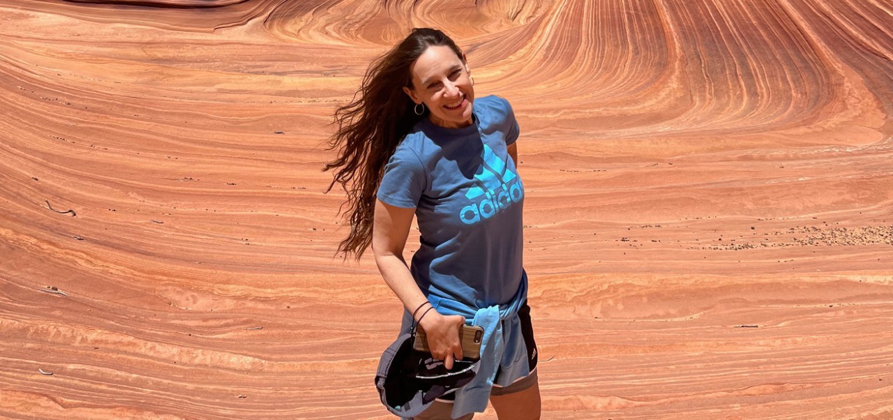 Mindy Stockfield, Adjunct Instructor,  Center for Publishing, Writing, and Media at NYU SPS, poses for a photo while traveling in the American Southwest.
