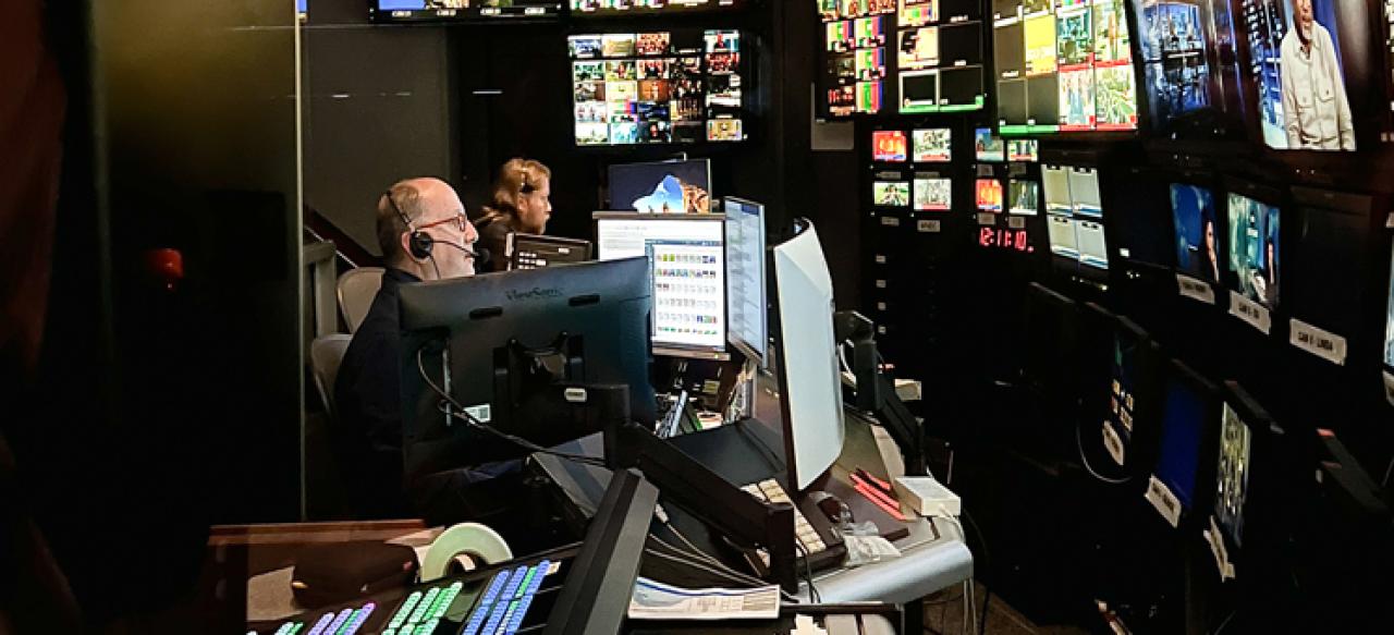 NYU SPS students obtain how information systems operate in in the control room for the airing of an interview at the ABC News Studio.