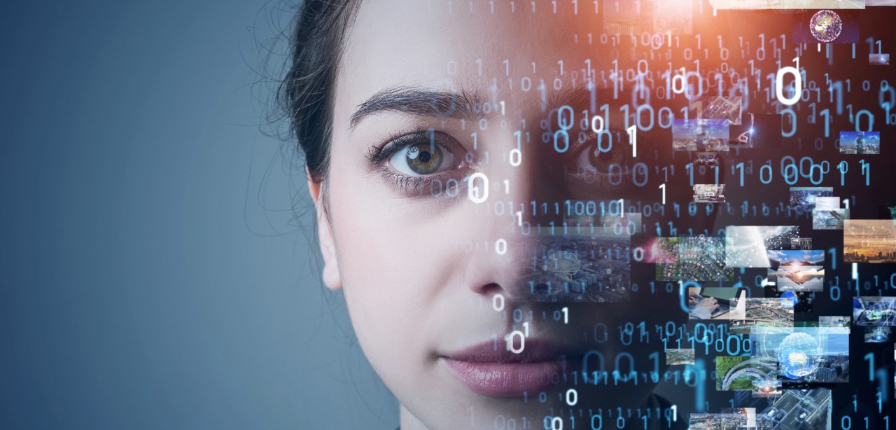 A woman's face is transposed with AI imagery.