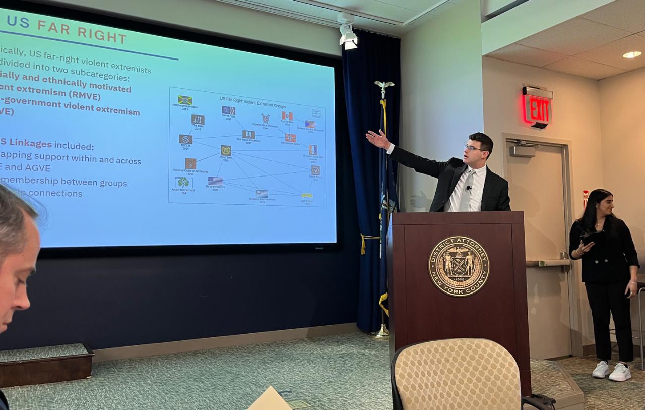 A presenter during the District Attorney of New York Practicum displays a presentation about the US far right