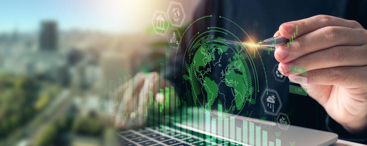 Businessman analyze investment sustainability ESG icons. ESG environmental protection concept, sustainable development, climate change, green energy recycle, Net zero and carbon neutral.
