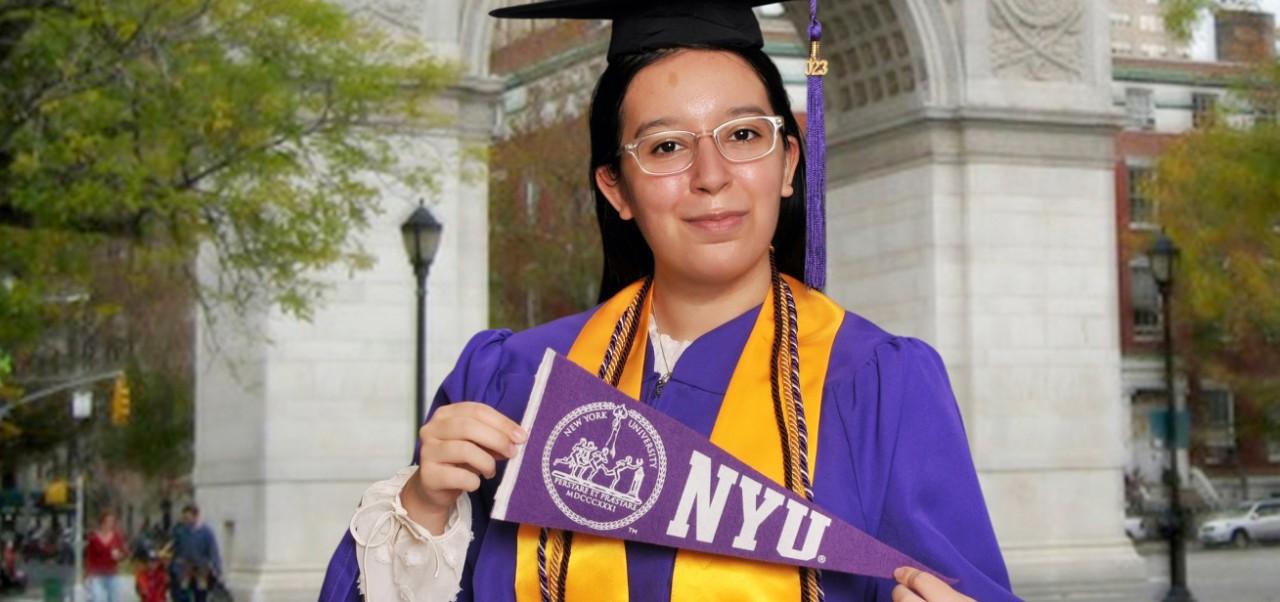 Samantha O'Connell, Center for Publishing and Applied Liberal Arts at NYU SPS alumnus, holds an NYU flag while standing in front of the iconic Washington Square Park arch in graduation garb.