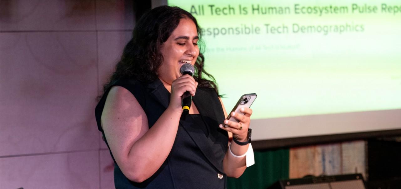 Sandra Khalil, Center for Global Affairs at NYU SPS alumnus gives a presentation on technology.