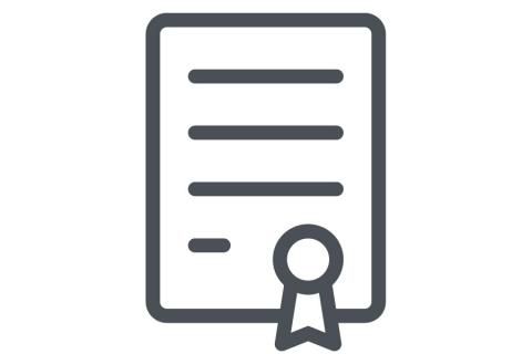 Dark grey icon of a sheet of paper with a badge on a white background depicts asset management