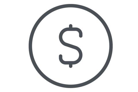 Dark grey icon of a dollar sign in a circle on a white background depicts purchasing