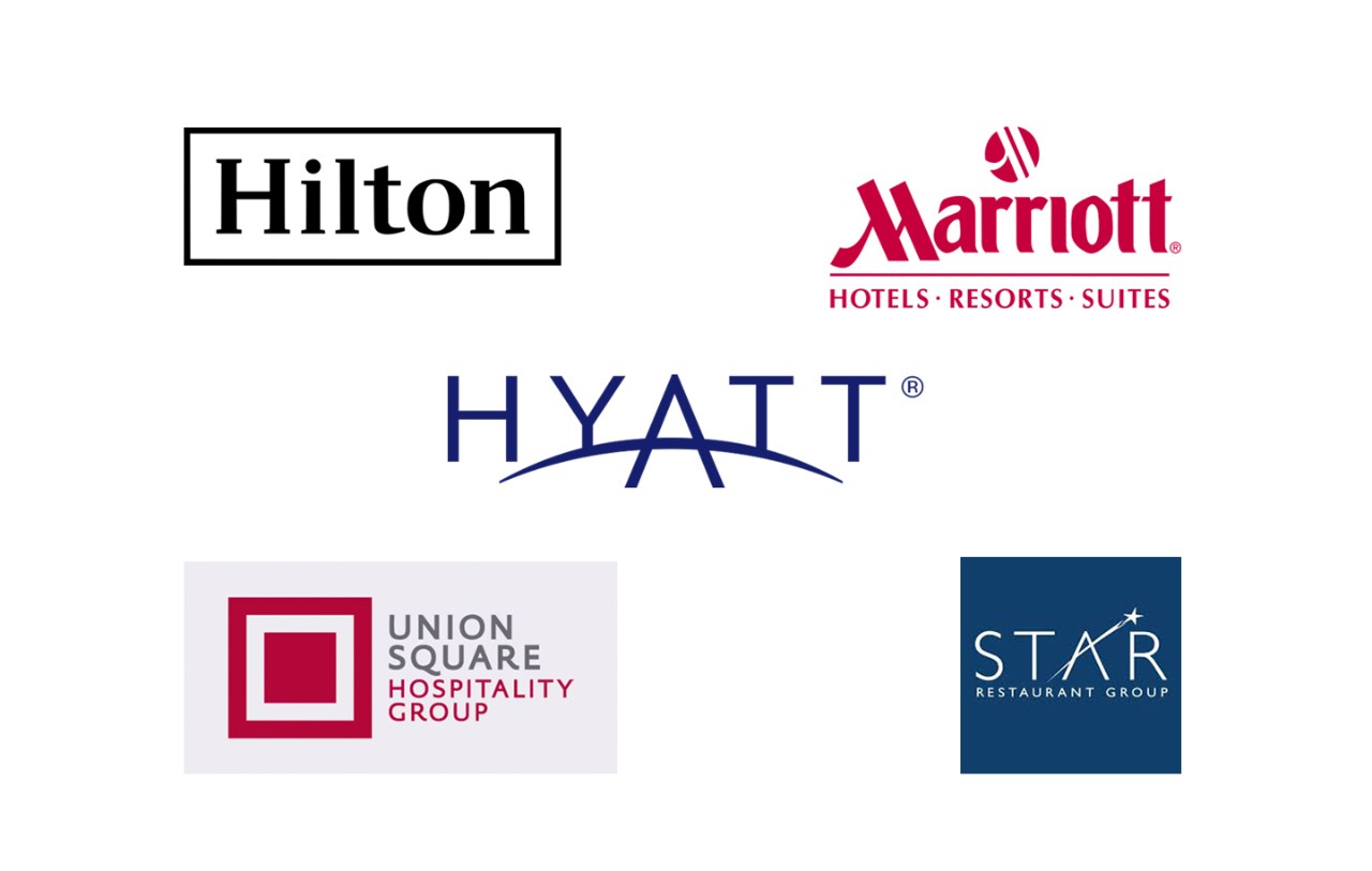 Assortment of hotel logos from Hilton, Marriot, Hyatt, Union Square Hospitality Group, and Star Restaurant Group for AAS in Hospitality internship options