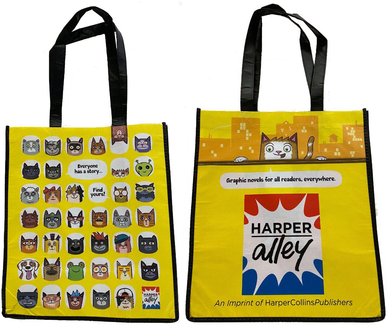 Front and rear view of yellow HarperAlley branded tote with multiple versions of the AlleyCat mascot