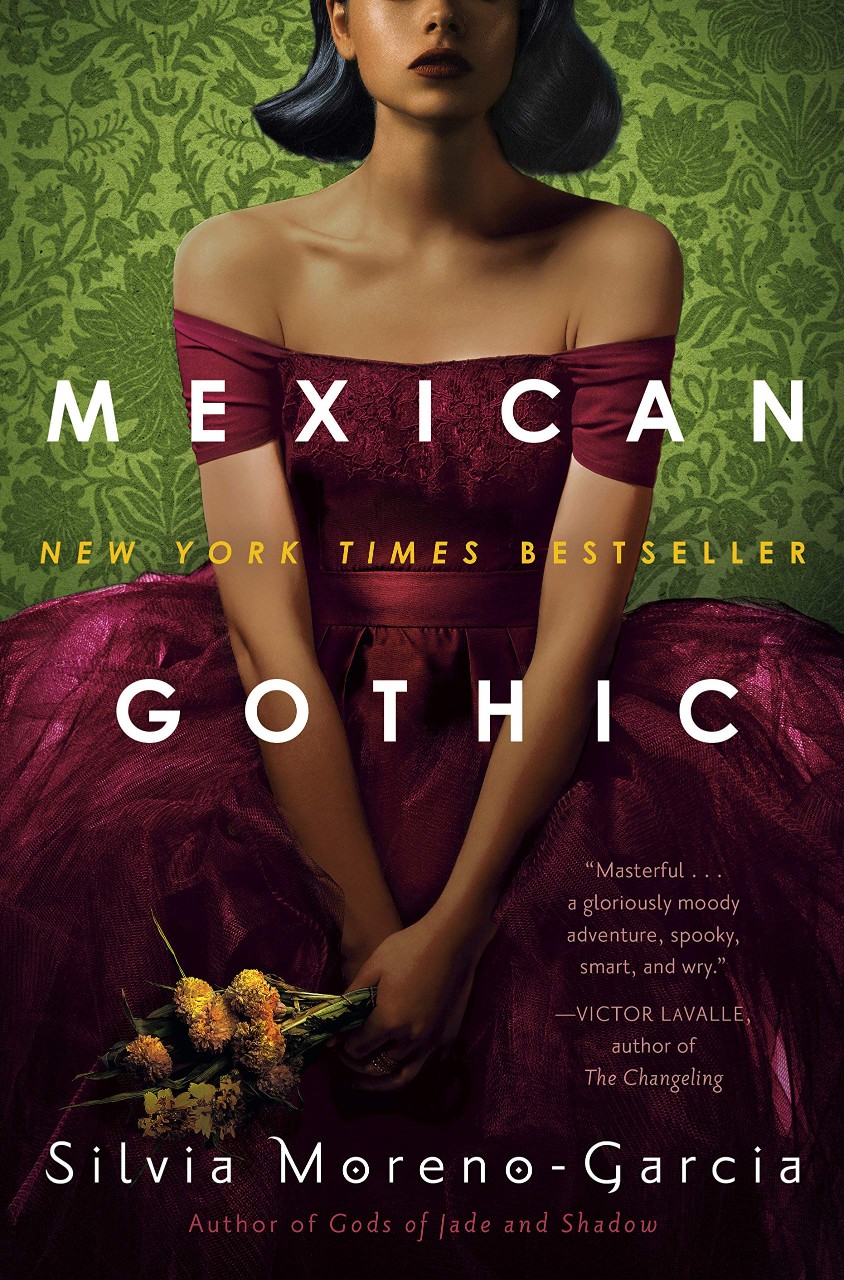 Book cover for Mexican Gothic painting of a woman in a ballgown holding flowers against a green backdrop