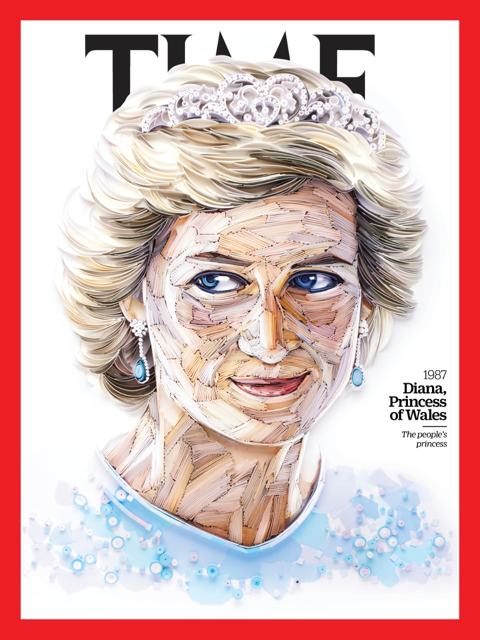 TIME magazine cover featuring a portrait of Diana, Princess of Wales, created via quilling