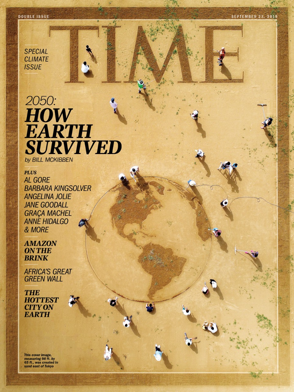 TIME magazine cover highlighting climate change, titled "2050: How Earth Survived," showing a small number of people against a desert landscape with sand painting in the shape of the Earth and the TIME logo and border