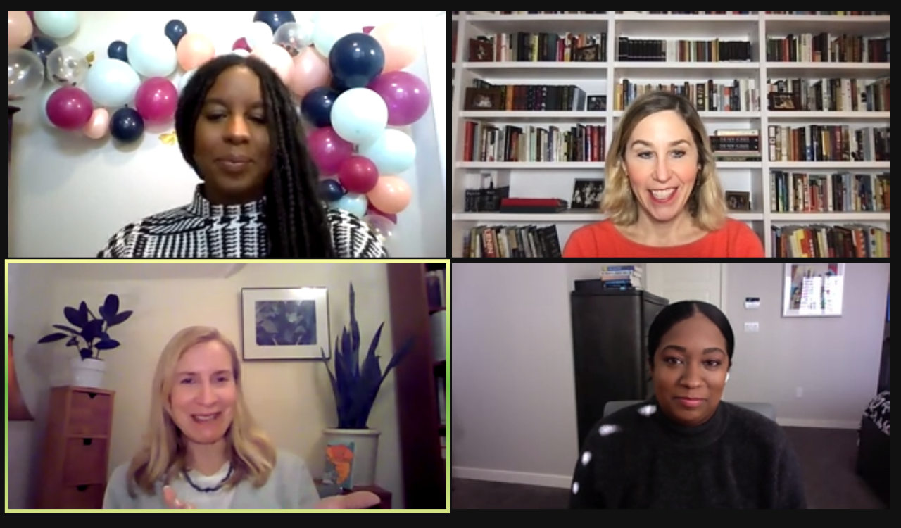 Screenshot of Zoom panelists Ashley Sutton (top left), Pamela Paul (top right), Sarah McGrath (bottom left), and Brit Bennett (bottom right)