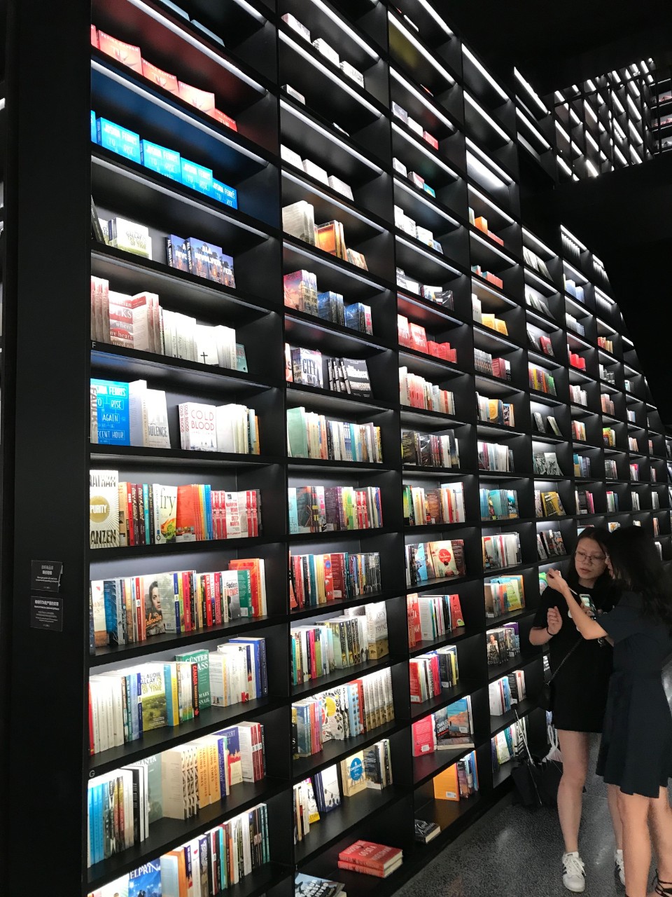 2 students in front of a tall wall full of books