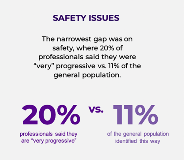 Safety Issues - 20% professionals said they are "very progressive" vs. 11% of the general population identified this way