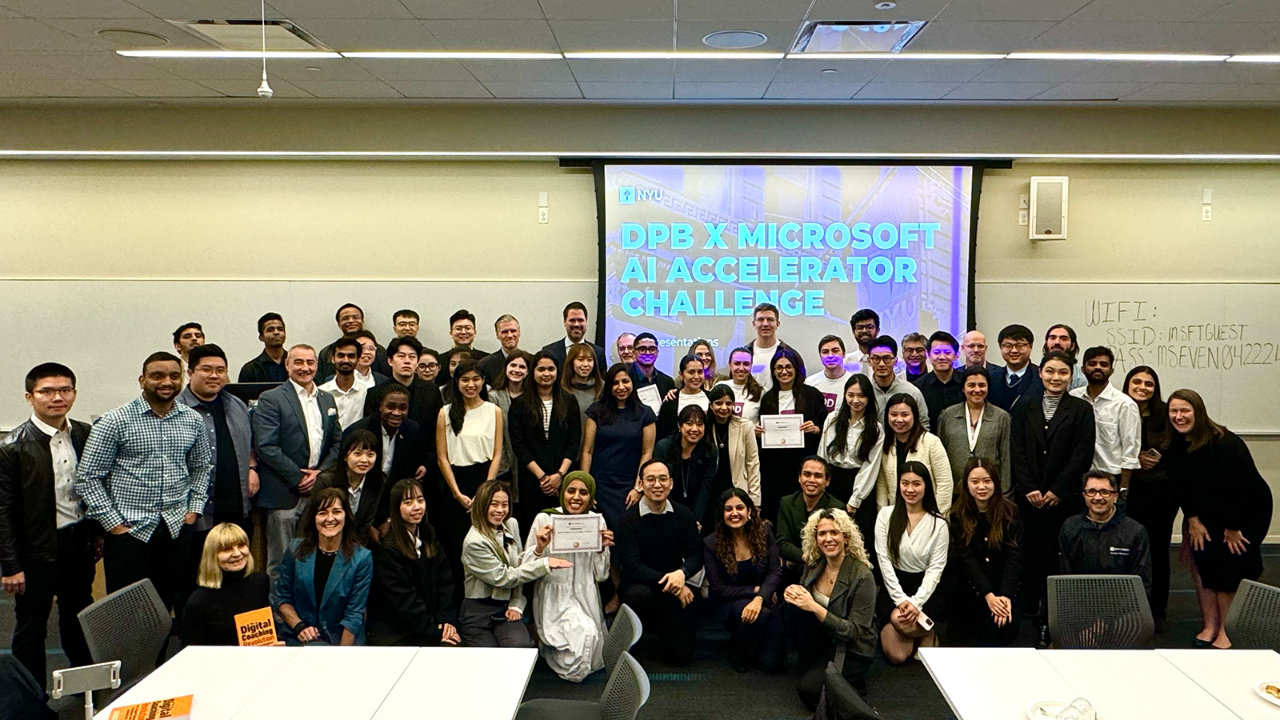 Finalists, mentors, and judges at the 2024 NYU SPS DPB x Microsoft AI Accelerator Challenge. 