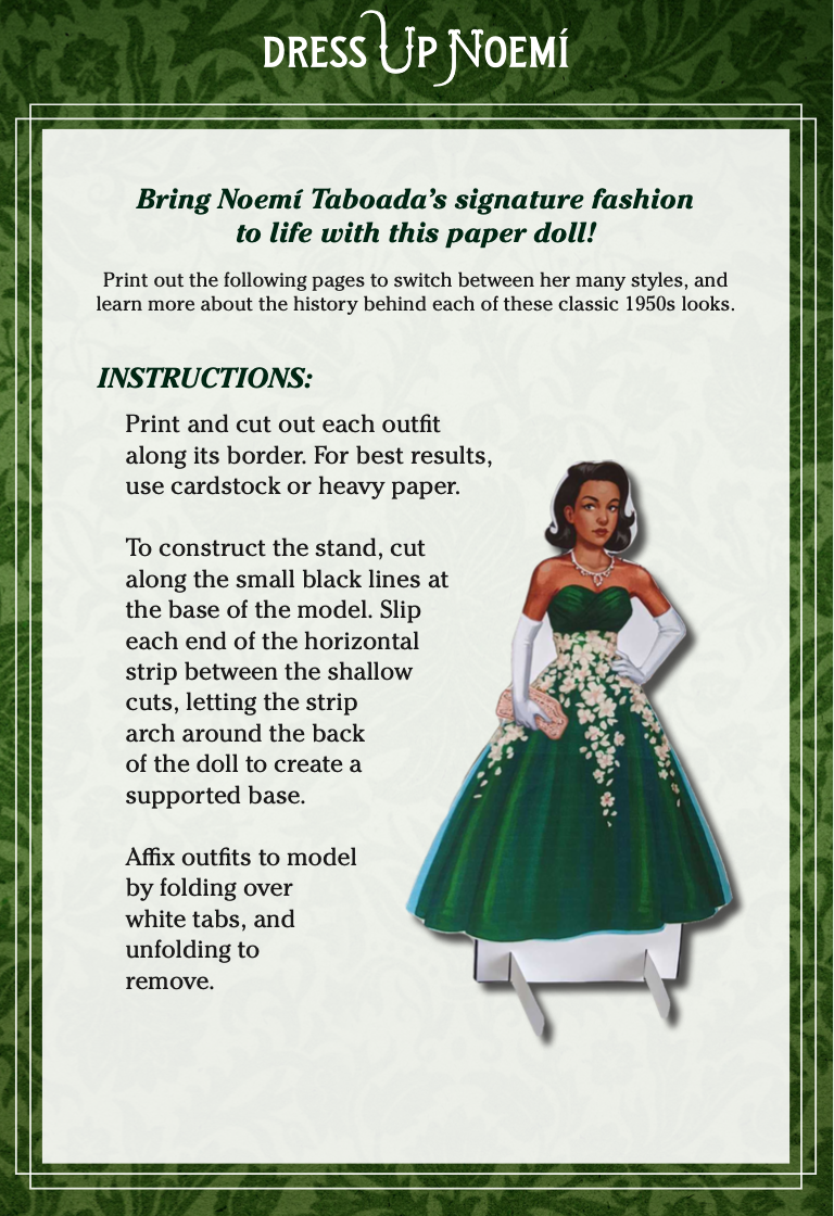 Text on a white background describing paper doll cut outs with image of painted woman in a green ball gown.